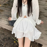 Yipinpay Irregular Ruffle Mini Skirt Women Fairycore Lace Patchwork High Waist 2-layers Boho White Short Skirt Mori Girl Summer