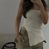 Yipinpay Women Knitted Tube Top Strapless Backless Irregular Slit Solid Color Summer Ladies Stretchy Vest for Club Party