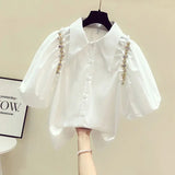 Yipinpay Rhinestone Blouse Fungus Lantern Short Sleeve Cotton Crop Tops Camisa Feminina Blusas Spring Women Shirts Casual Retro