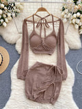 Yipinpay American Sexy Suits Hollow Out Long Sleeve Halter Mini Top+Slim Bodycon Skirt 2024 Y2K Summer Beach Style Knitted Sets