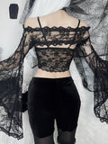 Yipinpay Goth Long Sleeve Smock Vintage Black Lace One Shoulder Grudge Aesthetic Overall Y2K Luxury Coquette Party Sexy Top