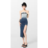 yipinpay Women's Wear Denim Bra Dress Sexy Korean Fashion Sleeveless Gradient Colour Slit Wrap Hip Skirt One Word Summer Mid Length Skirt
