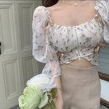 Yipinpay Crop Tops, Floral Print Square Neck Puff Sleeve Blouse with Zipper for Spring Summer, White