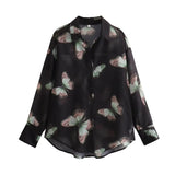 Yipinpay New 2024 Women Butterfly Print Shirt Long Sleeve Lapel Collar Ladies Casual Chiffon Blouse Loose Blusas Mujer