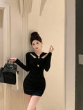 Yipinpay Sexy Dresses Women Fashion Long Sleeve Hollow Out Slim Black Elegant Dress Ladies Party Vintage Temperament Chic Vestido