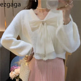 Yipinpay Elegant Cardigan Women Bow Bandage V Neck Autumn Single Breasted Sweet Cropped Sweater Outwear Loose Ladies