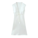 Yipinpay New Fashion Women Satin Short Dress Sexy Sleeveless V Neck Female A-line Summer Tank Dresses