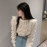 Yipinpay Thin Cutout Puff Sleeve White Twist Sweaters for Women 2023 Knitted Top Sueters Mujer Jumper Pullover Shirts Sweater