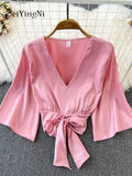 Yipinpay Summer Satin Crop Top Female Bow Elegant Lace-up Shirts Solid Color Flare Sleeve Blusas Women White Loose CHIC Blouses