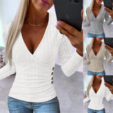 Yipinpay Women's Autumn Ribbed V Neck Wrap Tops Elegant Ladies Slim Long Sleeve Pullover Jumper T-Shirt Clothing 2024