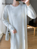 yipinpay White Oversized Sweater Midi Dresses for Women Plain Retro Twisted Thicken Stylish Knitted Dress Women Split Warm Robe
