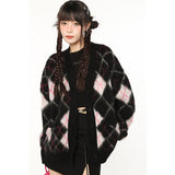 yipinpay Women Black Cardigan Sweater Diamond Check Outerwear Korean Fashion Leisure Lazy Wind Winter Single Breasting Knitting Coat