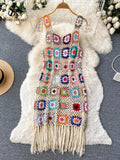 Yipinpay 2024 Sunmmer Knitted Dress Hook Flower Hollow Out Tassel Women Slim Streetwear Original Design Fashion Vintage Dress