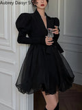 Yipinpay Black Mini Blazer Dress Women Elegant Vintage Chic Mesh Design Y2k Dress Winter Casual Sash Evening Party Dress One Piece