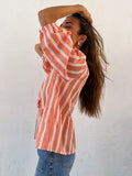 Yipinpay Summer Elegant Stripe Lace Up Shirts For Women Casual Cotton O-neck Blouse Female Casual Street Long Sleeve Lady Chic Tops