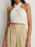 Yipinpay Women Cross Halterneck Bandeau Crop Tops Summer Simple Style Sleeveless Backless Tank Tops Streetwear Casual Plain Vest