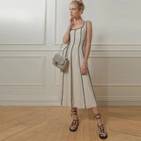 Yipinpay Stripe Patchwork Maxi Dress For Women Square Collar Backless Sleeveless Midi Dress 2024 Chic Ladies Beach Party Vestidos