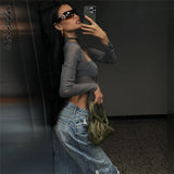 yipinpay Top Long Sleeve T Shirt Women Crop Top Square Neck T-shirts Summer Clothing Solid Streetwear Tops Tees See Through Mesh Top