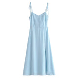 Yipinpay Women French Style Light Blue Front Slit Sling Dresses Sexy Sleeveless High Waist Female Holiday Summer Chiffon Dress