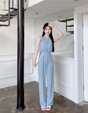 Yipinpay Lady Elegant Hanging Neck Off Shoulder Round Neck Jumpsuit Women's Sleeveless High Waist Slim Fit Wide Leg Jumpsuit Pants
