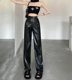 Yipinpay Waist Straight Loose Casual Wide Leg Black Leather Pants Trousers Y2k Pant Pantalones De Mujer PU Streetwear Sexy 2023 Fall