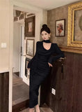 Yipinpay Temperament Dresses Women Bow Bandage Swinging Collar Flare Long Sleeve Solid Vintage Elegant Dress French Style