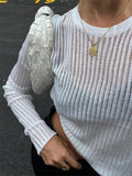 Yipinpay Ribbed See-Through Knit Pullover Female Hollow Out Slim Solid Long Sleeve Top Sheer Casual Knitwear Ladies Pullover Summer