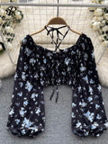Yipinpay Summer French Style Print Short Blouse 2024 Long Sleeves Elastic Beach Top Women Fashion Backless Ruched Floral Blouse