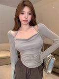 Yipinpay Sexy T Shirts Women Long Sleeve Halter Bandage Backless Slash Neck Off Shoulder Solid Slim Crop Tops Female Casual Tshirt