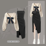 Yipinpay Women's Spring Autumn New Knitted Sweaters Two Piece 2024 Korean Elegant Bow Cardigan Strap Skirt Matching Set Female Clothing