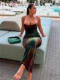 Yipinpay Simenual Vintage Printed Spaghetti Strap Maxi Dress Lady Elegant Chic Backless Package Hip Dresses Sexy Prom Party Vestido Slim