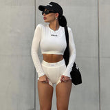 Yipinpay Letter Print 2 Two Piece Sets Tracksuit Women Matching Sets Fall Outfits 2023 Black Long Sleeve Tops And Shorts Set