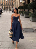 Yipinpay Sexy Women Corset Style Low Waist Midi Sling Dress Vintage Navy Blue Female Party Robe