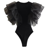 Yipinpay Black White Body Woman Organza Ruffle Sleeveless Bodysuit Women Lingerie Sexy Bodys For Women 2023 Summer Woman Bodysuit