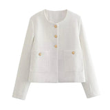 Yipinpay Autumn Women Single Breasted Tweed Jacket Round Neck Long Sleeve Elegant Female Chic Crop Outerwear