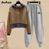 Yipinpay Women's Tracksuit 2024 Fall/Winter New Striped Embroidered Sweater + Cotton Pants Two-piece Korean Casual Hoodies Trousers Suit