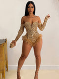 Yipinpay Women Sexy Sequined Hem Feather Bodysuits Spice Girls Off Shoulder Long Sleeve Skinny Playsuit 2023 Hot Club Party Dresswear