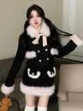 Yipinpay Winter Kawaii Faux Fur Clothing Suit Woman Warm Elegant Coat + Slim Y2k Mini Skirt Outwear Korean Fashion Sets Office Lady