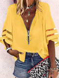 Yipinpay Summer Shirt Sexy Lace Patchwork Flared Sleeve Mesh Solid Blouse Women Zipper V-Neck Loose Casual Tops T-Shirt Streetwear