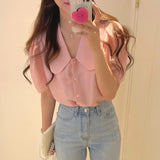 Yipinpay Temperament Simple Lapel Top Camisas Summer Blouse Vintage Short Sleeve Shirt Blusas Mujer De Moda Doll Shirts for Women
