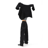 yipinpay Women Black Vintage Baggy Straight Jeans Street High Waist Mopping Wide Leg Pants Fashion Casual Denim Trouser Ladies Summer