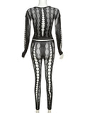 Yipinpay Sexy See Through Mesh 2 Pieces Suits Women Streetwear Cyberpunk Mall Gothic Long Sleeve T-shirt High Waist Pants Suits