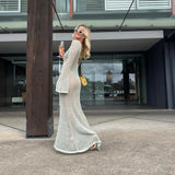 Yipinpay Women's Summer Long Knit See-through Beachwear Solid Color Flare Long Sleeve O Neck Hollow Backless Cover Up Dress