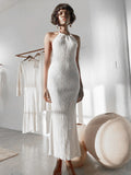 Yipinpay 18 Halter Neck Sexy Women White Long Dress High Slit Evening Party Dress Ladies Backless Bodycon Holiday Sundress 2023