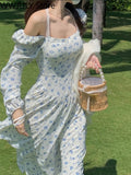 Yipinpay Floral Midi Dress Woman Beach Sexy One Piece Dress Korean Fashion Casual 2023 Summer Long Sleeve Evening Party Dress