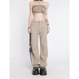 yipinpay Women's Khaki Wide Leg Jeans Star Pocket Vintage Straight Pants High Waist Baggy Streetwear Casual Brown Denim Trouser Ladies