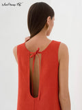 Yipinpay Summer Cotton Linen Tank Dresses Women Lace-Up Backless Long Casual Dress Round Neck 2023 Sleeveless Office Ladies