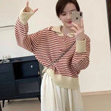 Yipinpay Sweater Female 2024 Korean Women Autumn Academy Sweater Loose and Slim Versatile Striped Top Long Sleeve Knit Sweater