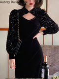 Yipinpay Black Velvet Midi Dress Women Sexy Hollow Out Sequins Design Y2k Dress Vintage Casual Evening Party Dress 2023 Autumn