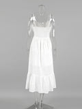 Yipinpay White Cotton Linen Spaghetti Strap Dress Women V-Neck Summer Vacation A-Line Dress Ruched Casual Button Dresses 2023